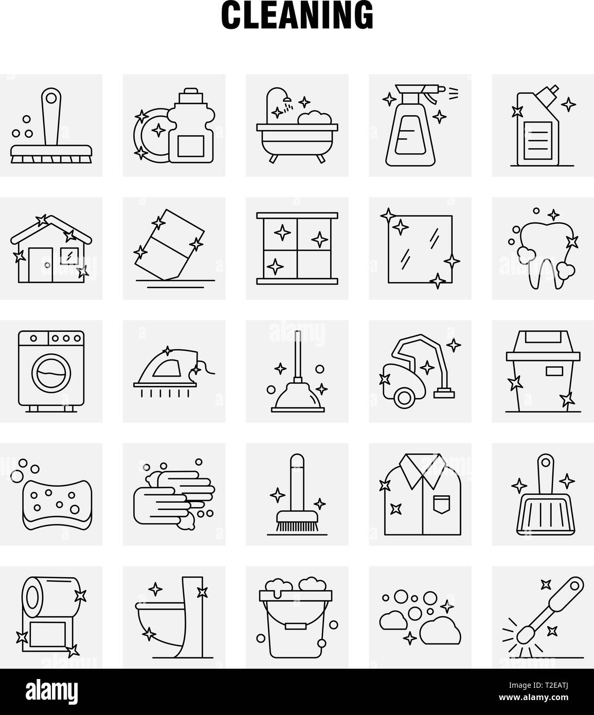 Cleaning Line Icons Set For Infographics, Mobile UX/UI Kit And Print Design. Include: Brush, Brushing, Clean, Scrub, Plunger, Restroom, Toilet, Tool,  Stock Vector