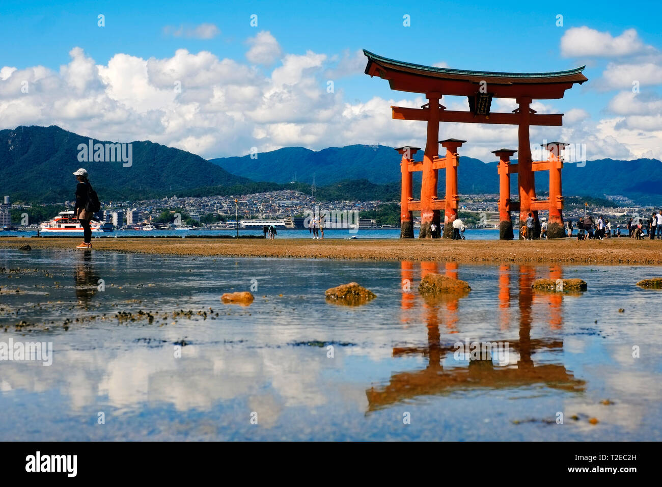 The famous 'floating' torii gate of Itsukushima Shrine on the island of Miyajima, Japan. The gate appears to be submerged during high tide. Stock Photo