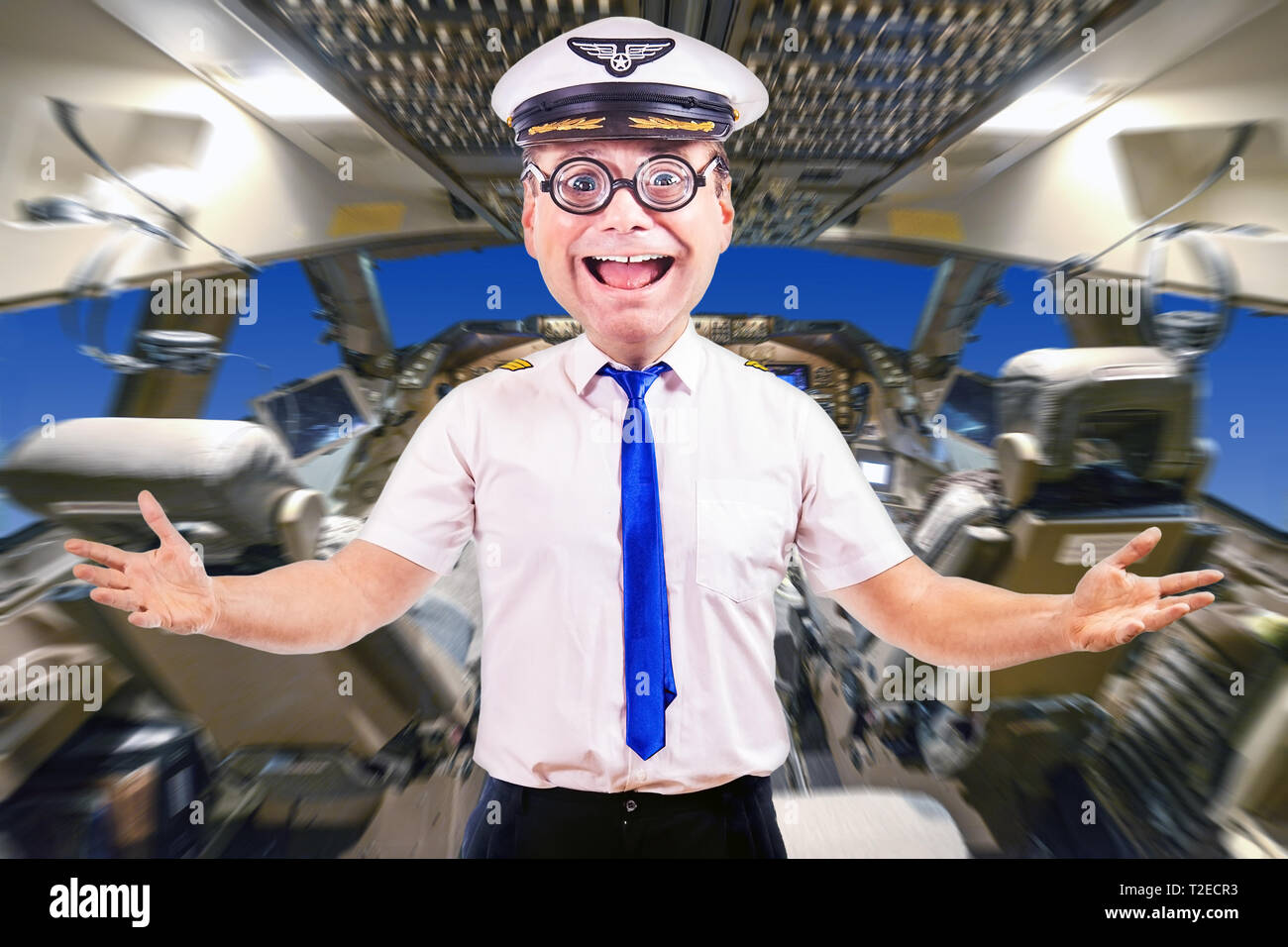 Funny cheerful pilot with glasses, background of cockpit plane. Crazy  captain of air plane with white shirt uniform standing in cabin of aircraft  Stock Photo - Alamy