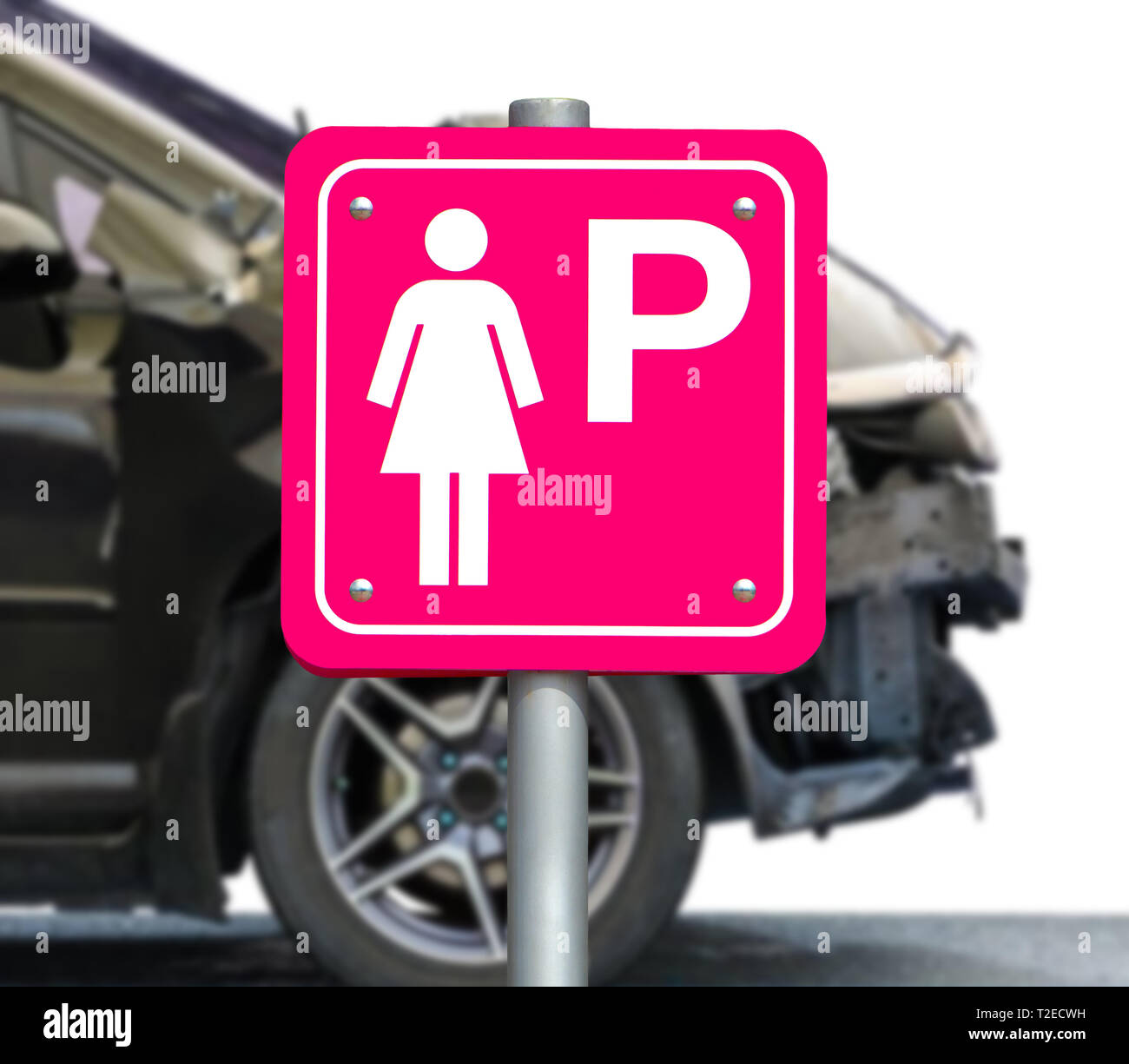 The pink sign for parking cars only for women with damaged car on white background. Crashed car is parking on place only for lady. Stock Photo