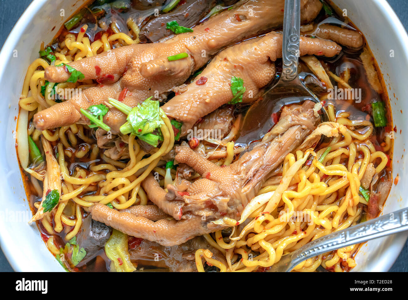 Braised chicken soup with bitter gourd noodle. Chicken gourd noodles