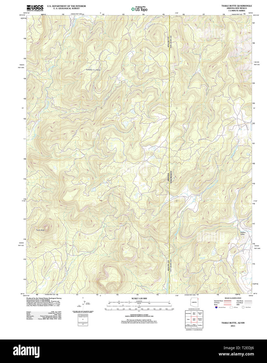 USGS TOPO Map Arizona AZ Tsaile Butte 20111026 TM Restoration Stock Photo