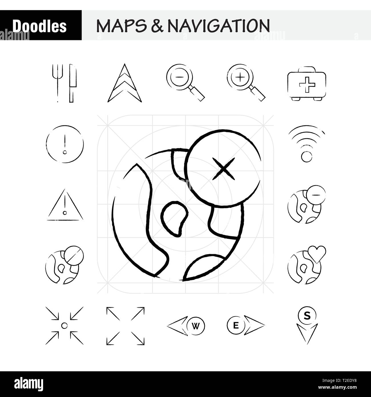 Maps And Navigation Hand Drawn Icon Pack For Designers And Developers. Icons Of Food, Fork, Kitchen, Knife, Tools, Arrow, Bearing, Direction, Vector Stock Vector