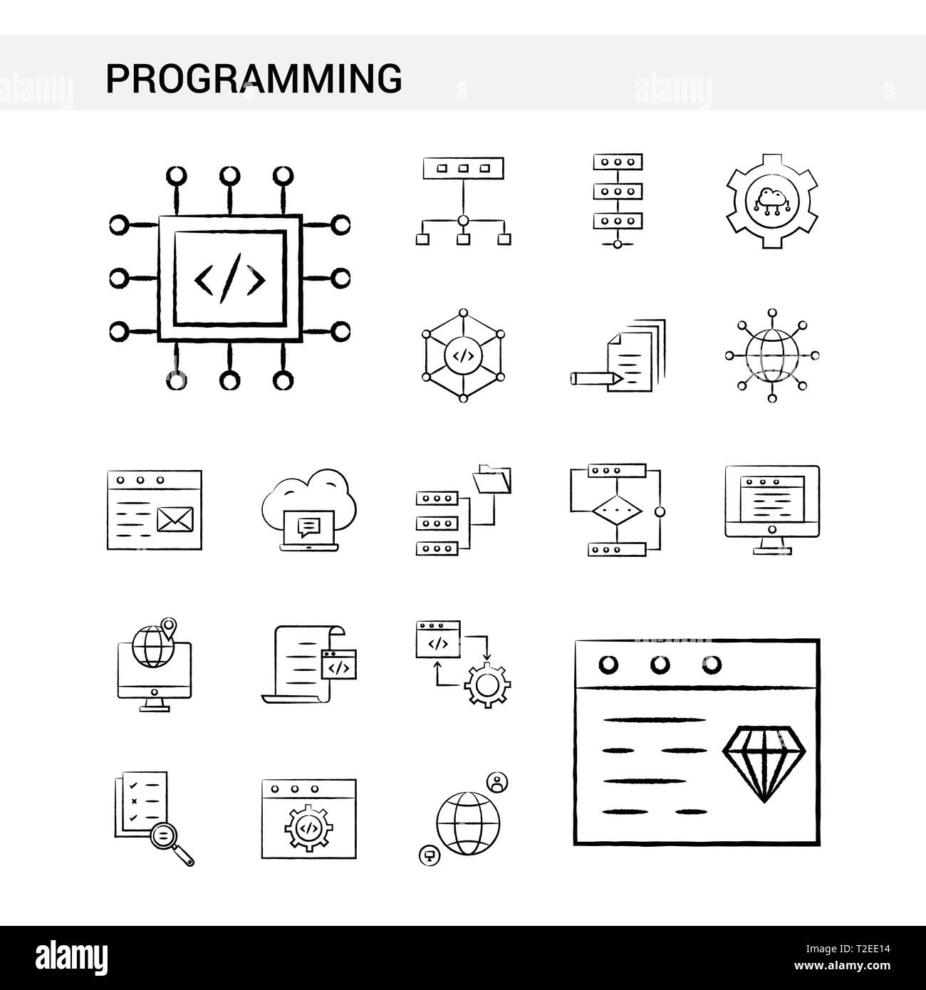 Programming hand drawn Icon set style, isolated on white background ...