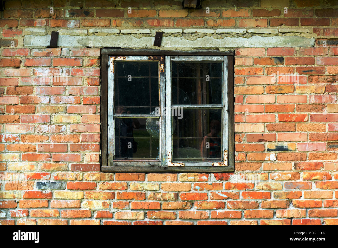 old window and an old wall of red and yellow brick Stock Photo - Alamy