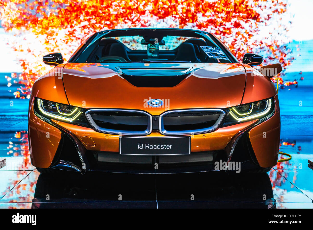 Bangkok, Thailand - March 31, 2019: BMW i8 Roadster is on display at BANGKOK INTERNATIONAL MOTOR SHOW 2019. Stock Photo