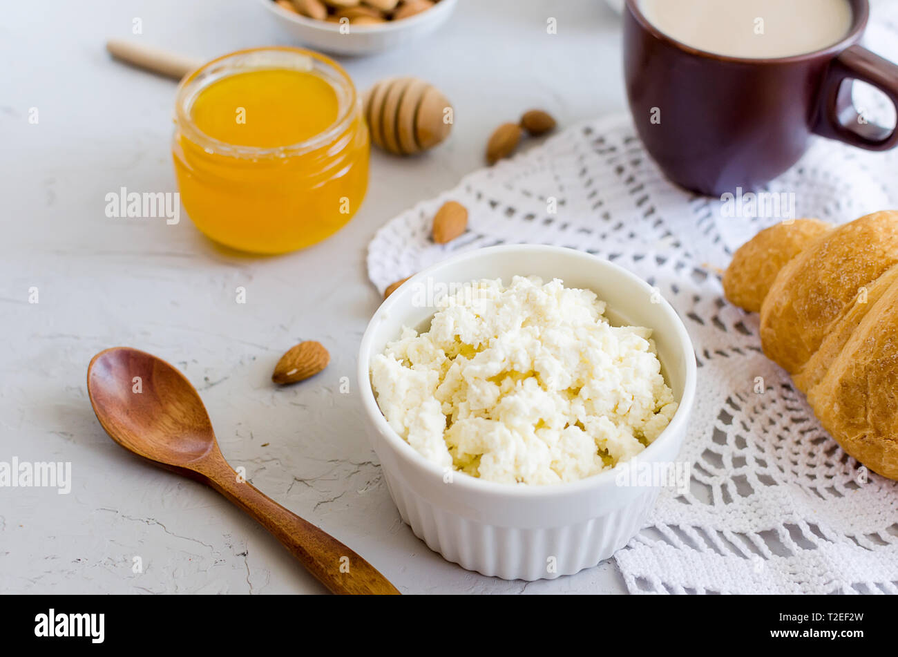 Healthy Breakfast With Cottage Cheese Or Ricotta With Almond Nuts