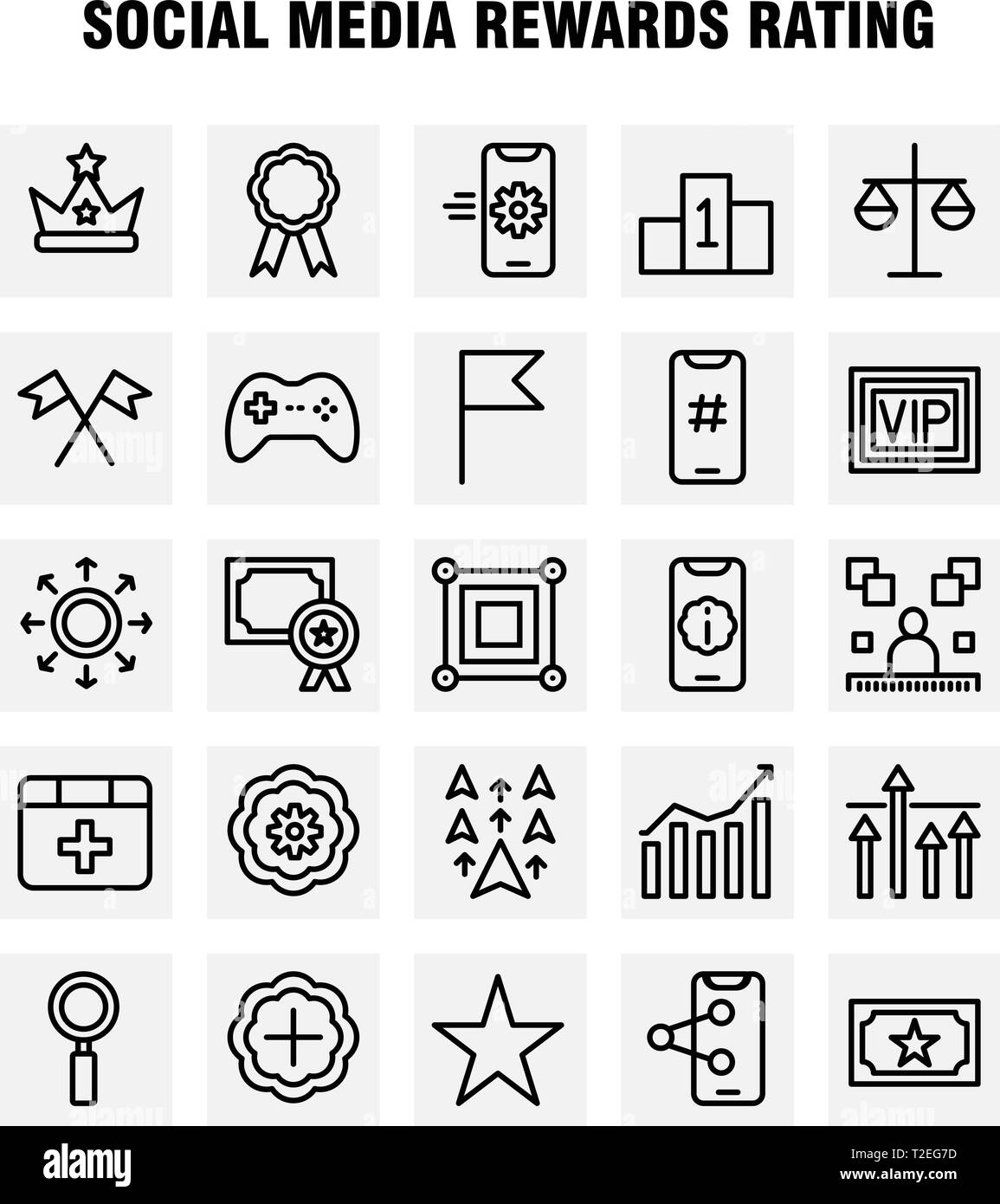 Social Media Rewards Rating Line Icon Pack For Designers And Developers. Icons Of Cinema, Movie, Ticket, Rating, Gear, Settings, Social Media, Vector Stock Vector