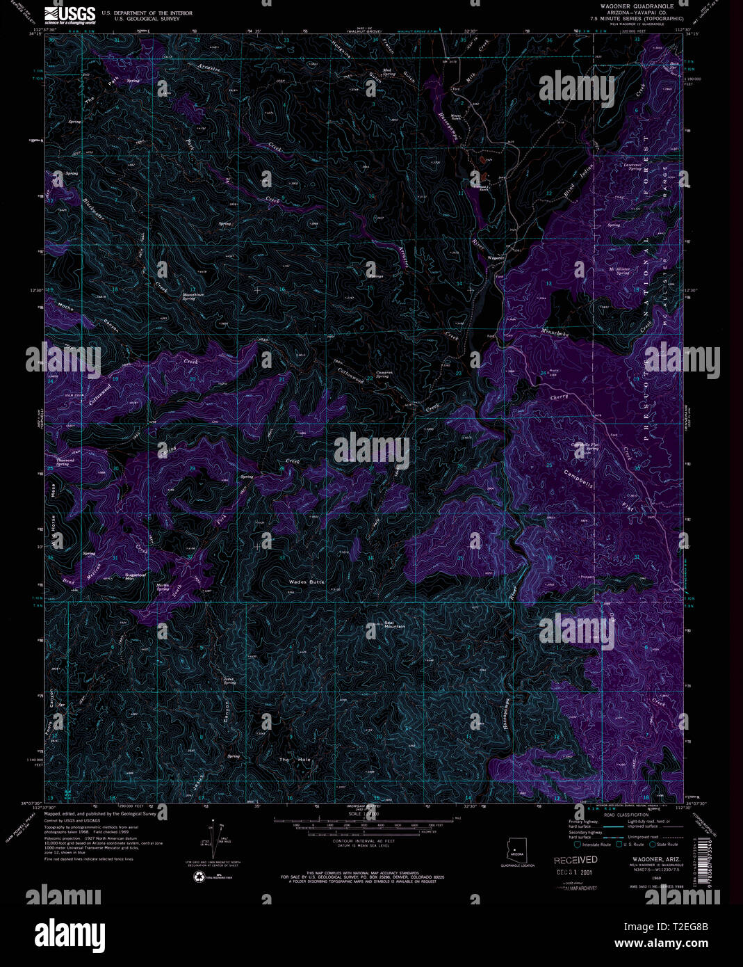 USGS TOPO Map Arizona AZ Wagoner 313958 1969 24000 Inverted Restoration Stock Photo