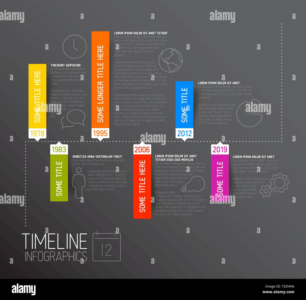 Dark Vector horizontal Infographic timeline report template with icons ...