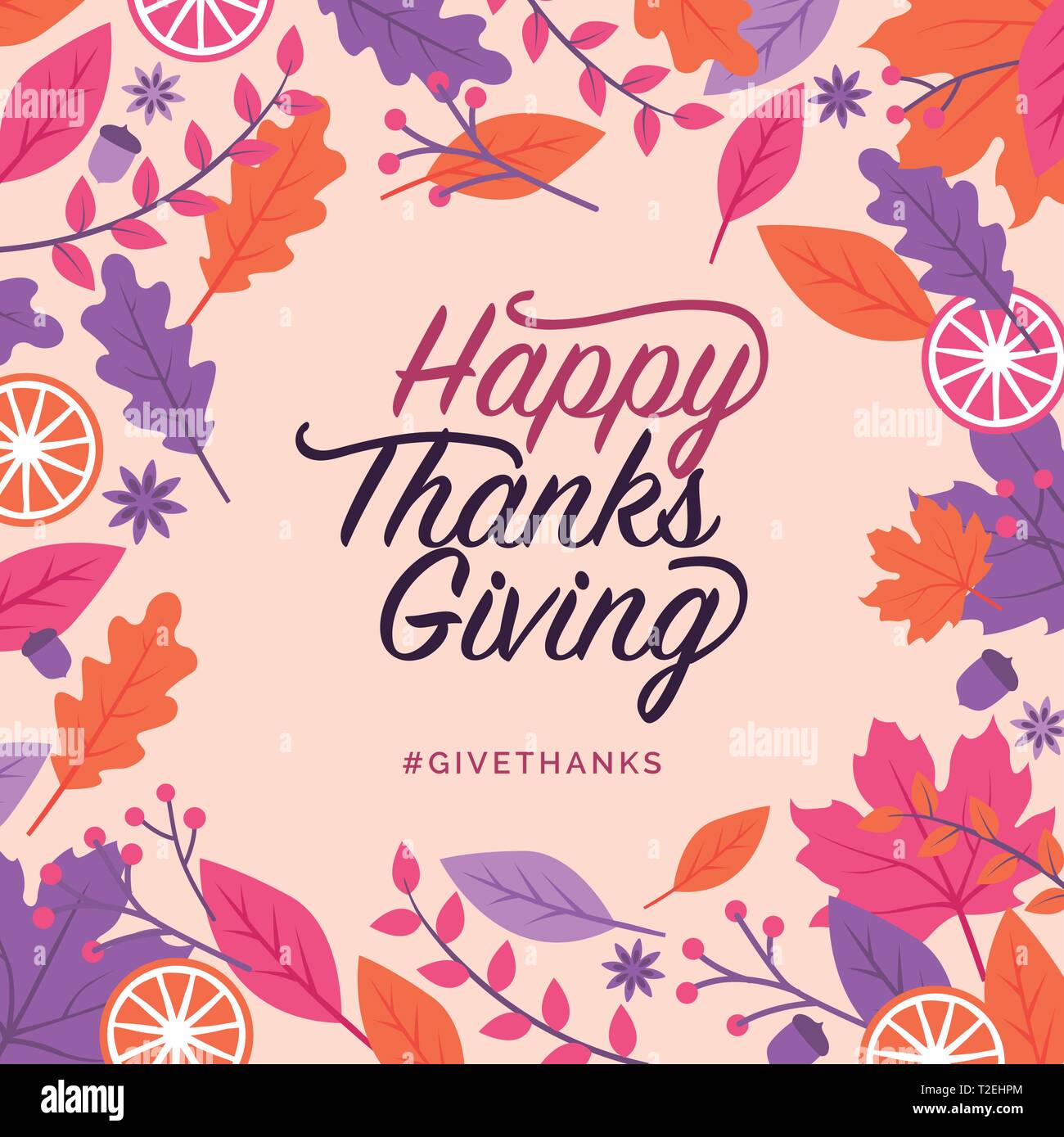 Happy thanksgiving holiday card and social media post with leaves frame Stock Vector