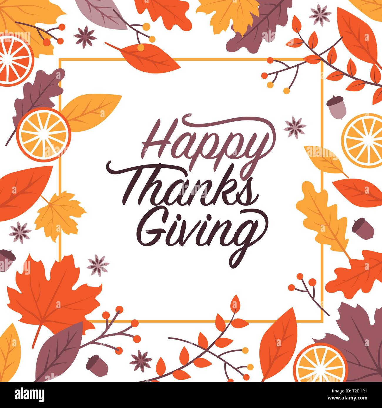 Happy thanksgiving holiday card and social media post with leaves frame Stock Vector