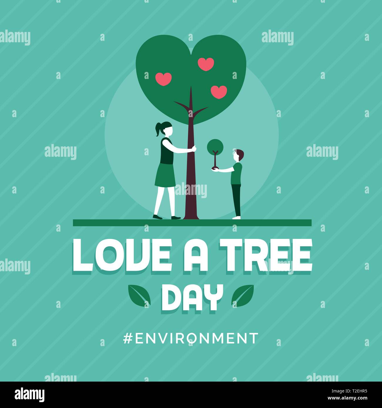 Love a tree day celebration design with woman hugging a tree and kid holding a plant Stock Vector