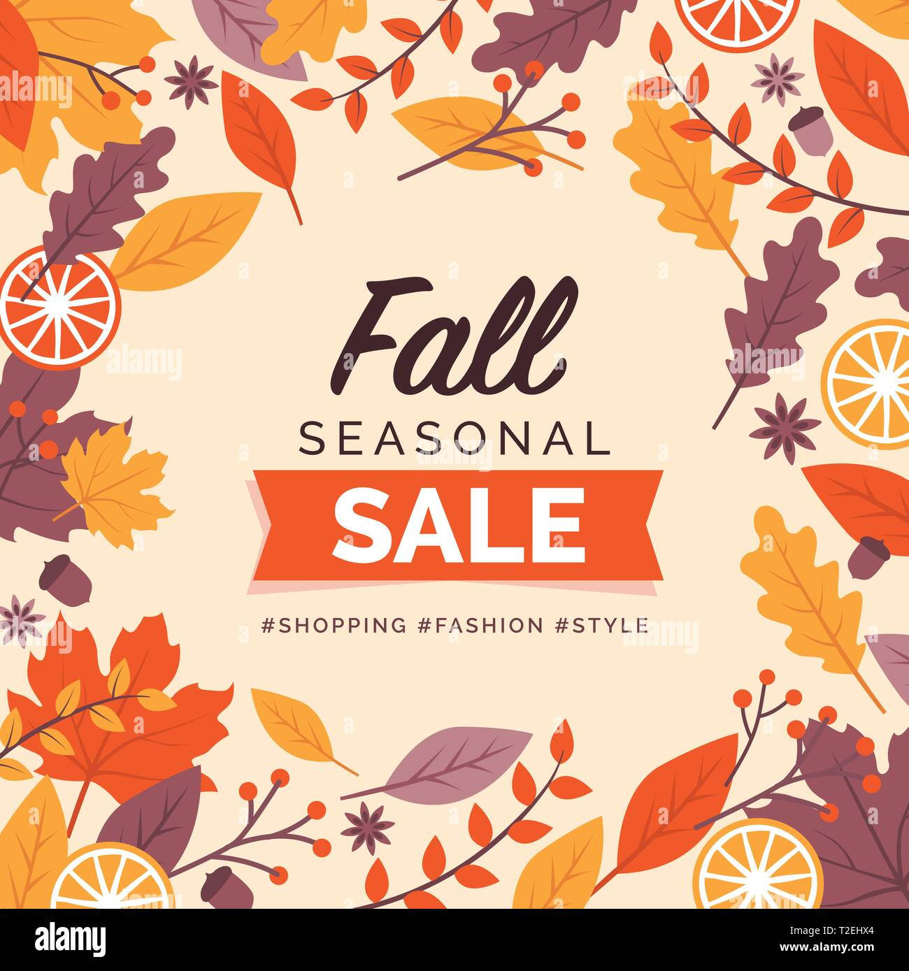 Fall seasonal sale promotional card and social media post design with decorative frame Stock