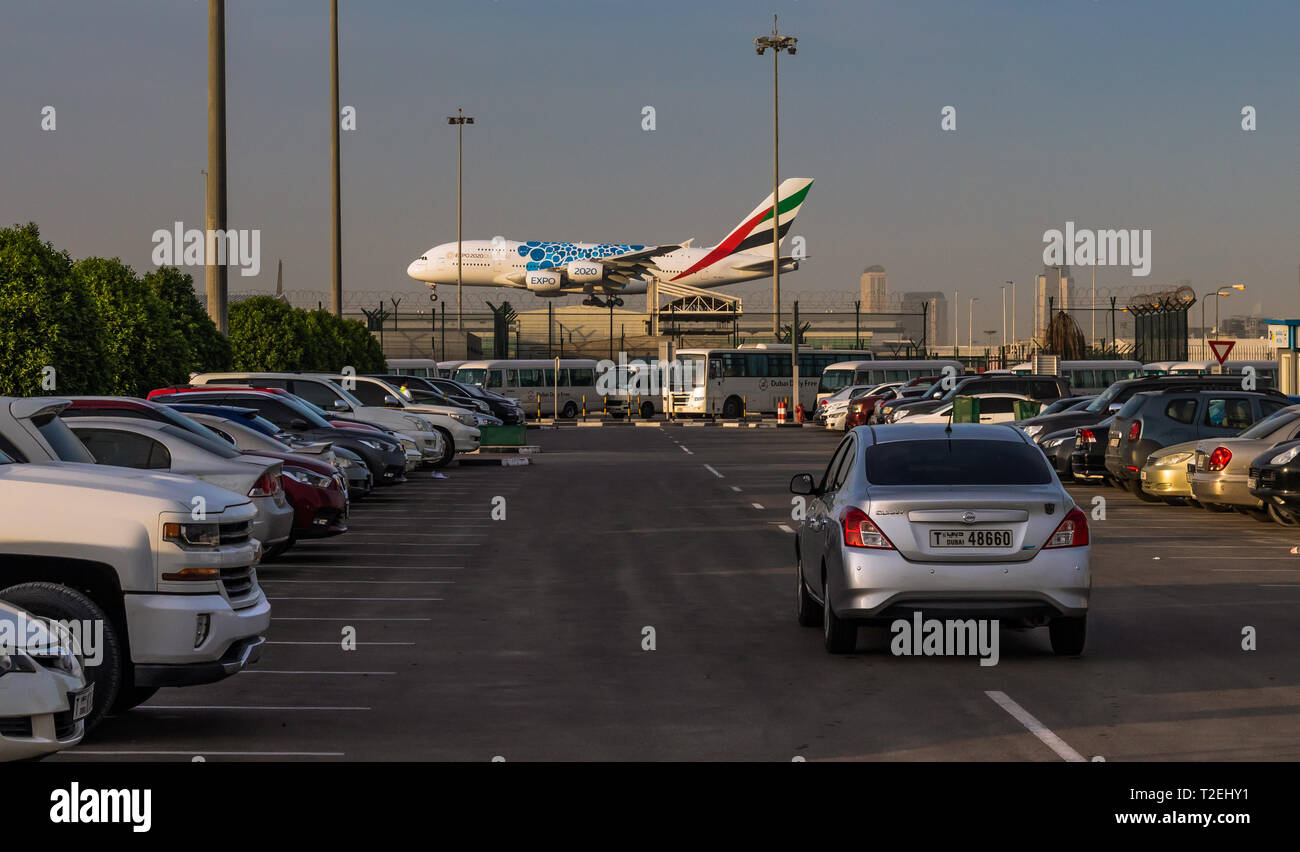 Emirates Airways; Airbus landing in Dubai international airport terminal 2 Stock Photo