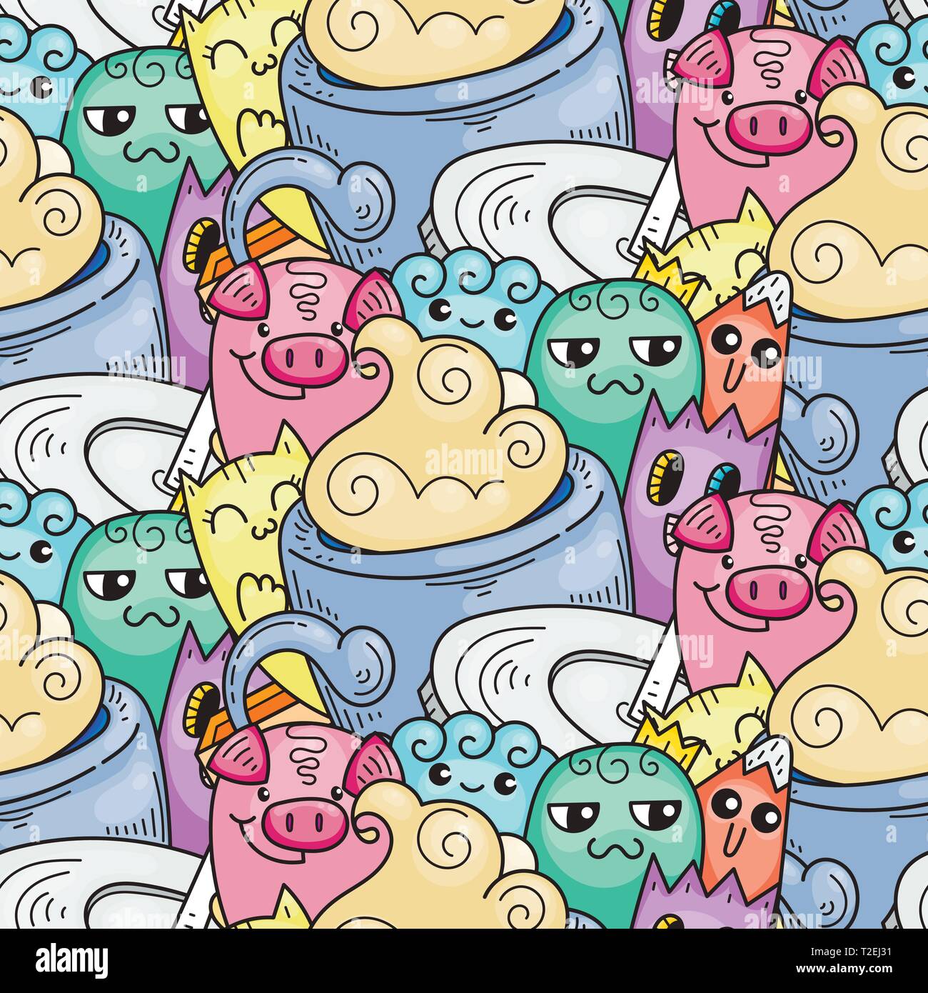 Doodle hand-drawn cartoon with smiles and taste, coffee shop theme seamless pattern. Kawaii detailed, with lots of objects vector background Stock Vector