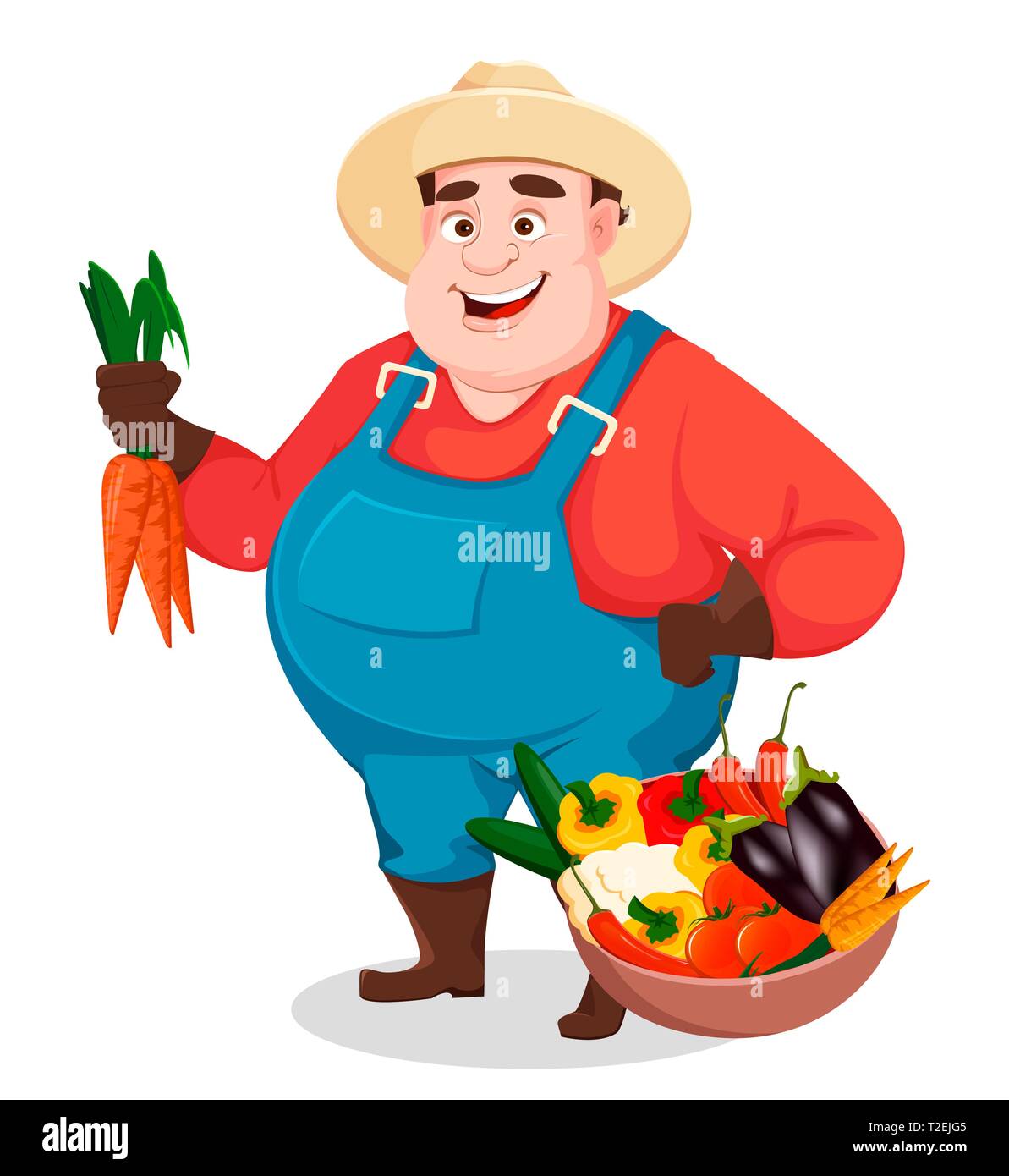 Fat farmer, agronomist. Funny gardener man cartoon character holding fresh carrots. Vector illustration isolated on white background Stock Vector