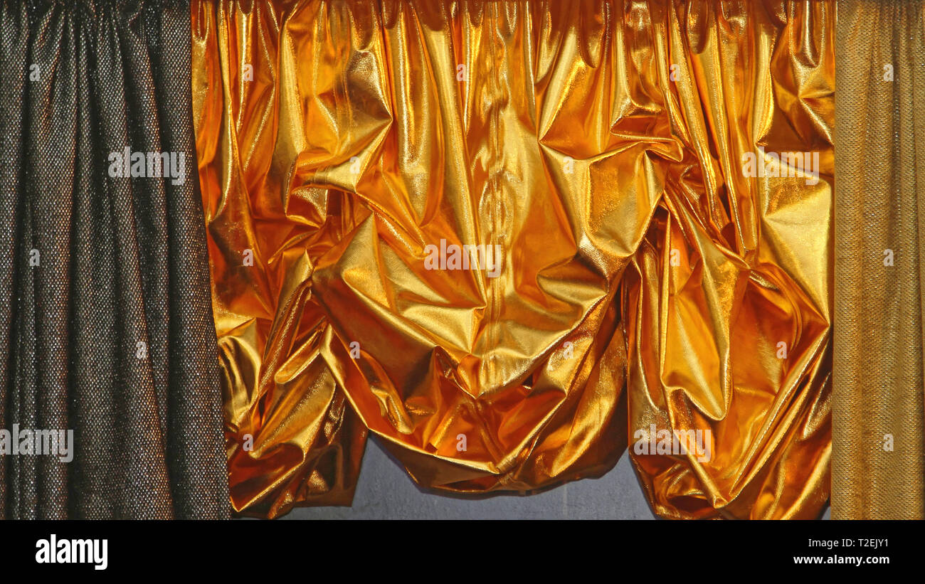 Shiny Golden Curtains Fancy Drapes Home Decoration Stock Photo