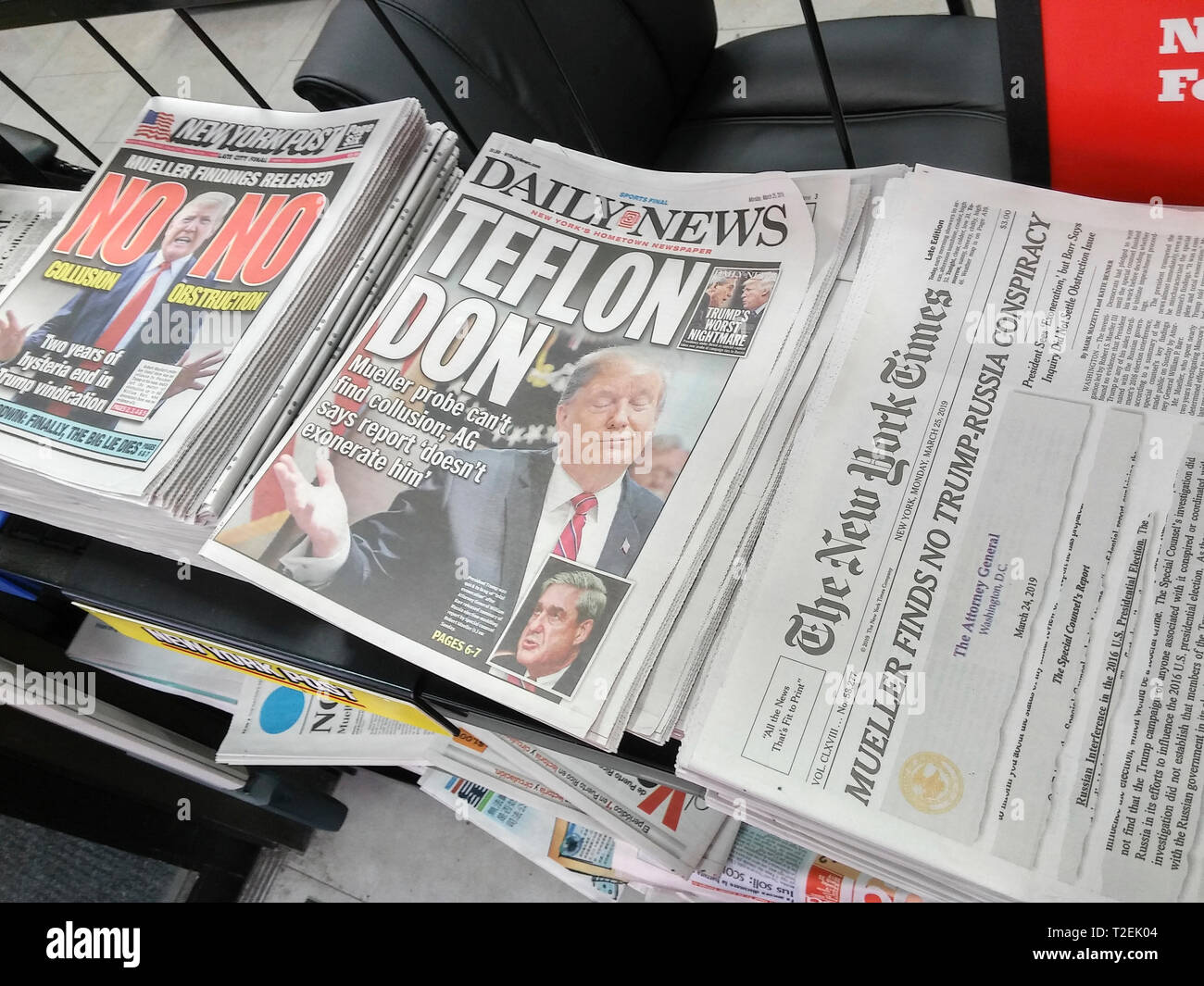 Headlines of the New York newspapers on Monday, March 25, 2019 report on the release of the report by special counsel Robert Mueller on Russian meddling in the presidential election and possible collusion by the Trump campaign and Attorney General William Barr's synopsis of the report. (© Richard B. Levine) Stock Photo