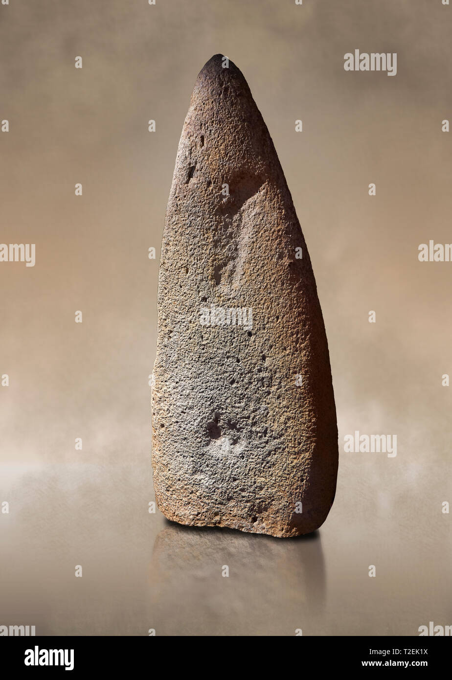 Late European Neolithic prehistoric Menhir standing stone which represents a standing figure. Excavated from Bau Carradore III site,  Laconi. Menhir M Stock Photo