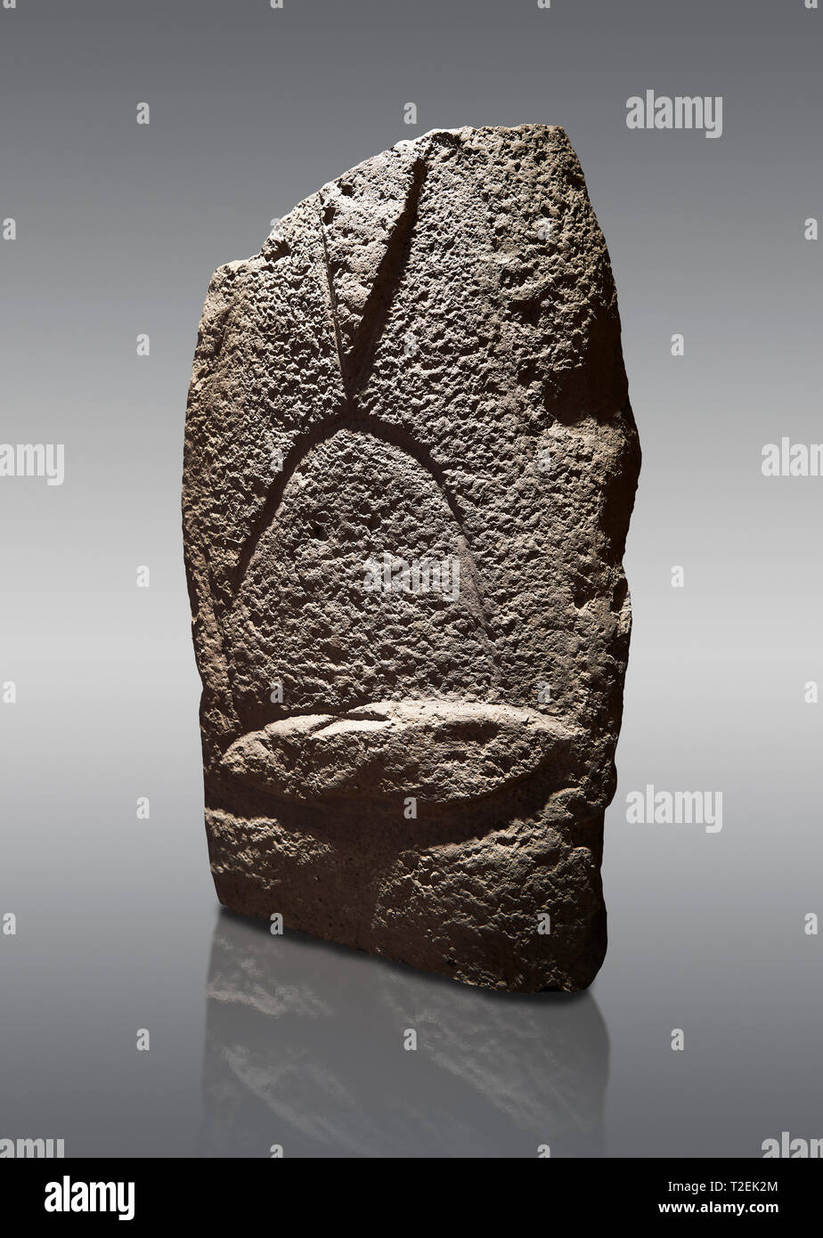 Late European Neolithic prehistoric Menhir standing stone with carvings on its face side. The representation of a stylalised male figure starts at the Stock Photo