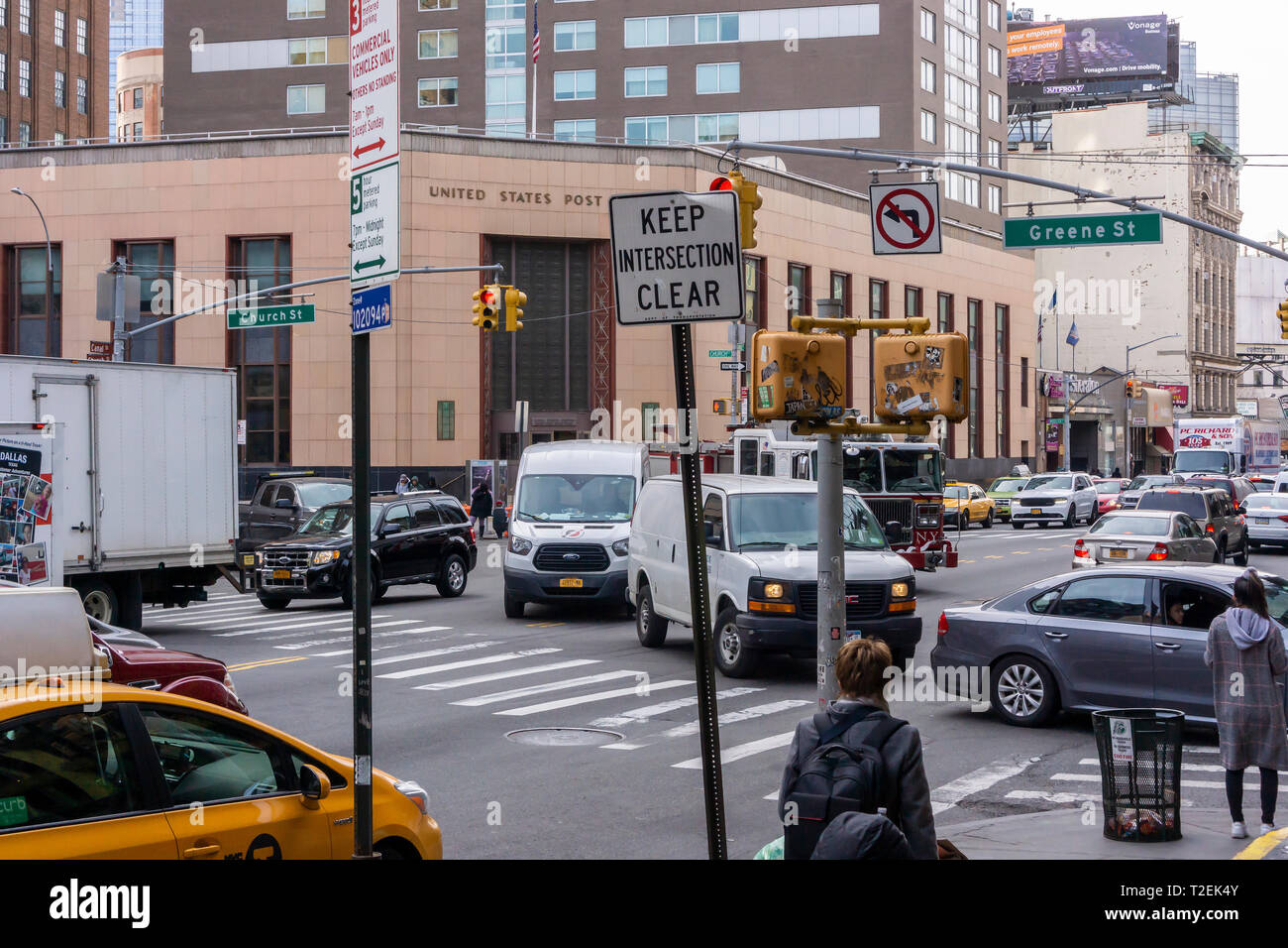Traffic slogs along Canal Street in New York on Wednesday, March 27, 2019. Legislators in Albany are finalizing plans for instituting congestion pricing in New York City. (© Richard B. Levine) Stock Photo