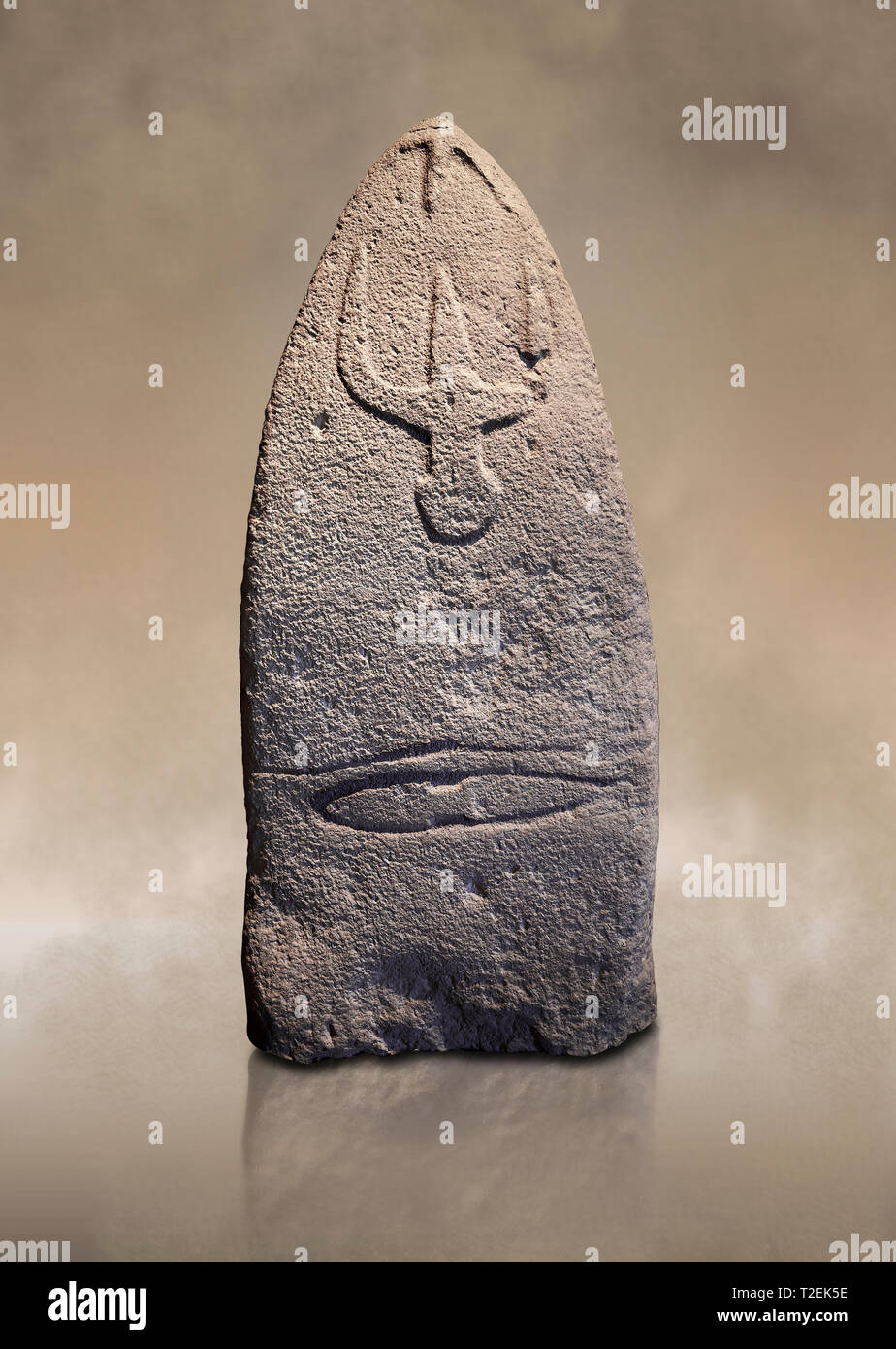 Late European Neolithic prehistoric Menhir standing stone with carvings on its face side. The representation of a stylalised male figure starts at the Stock Photo