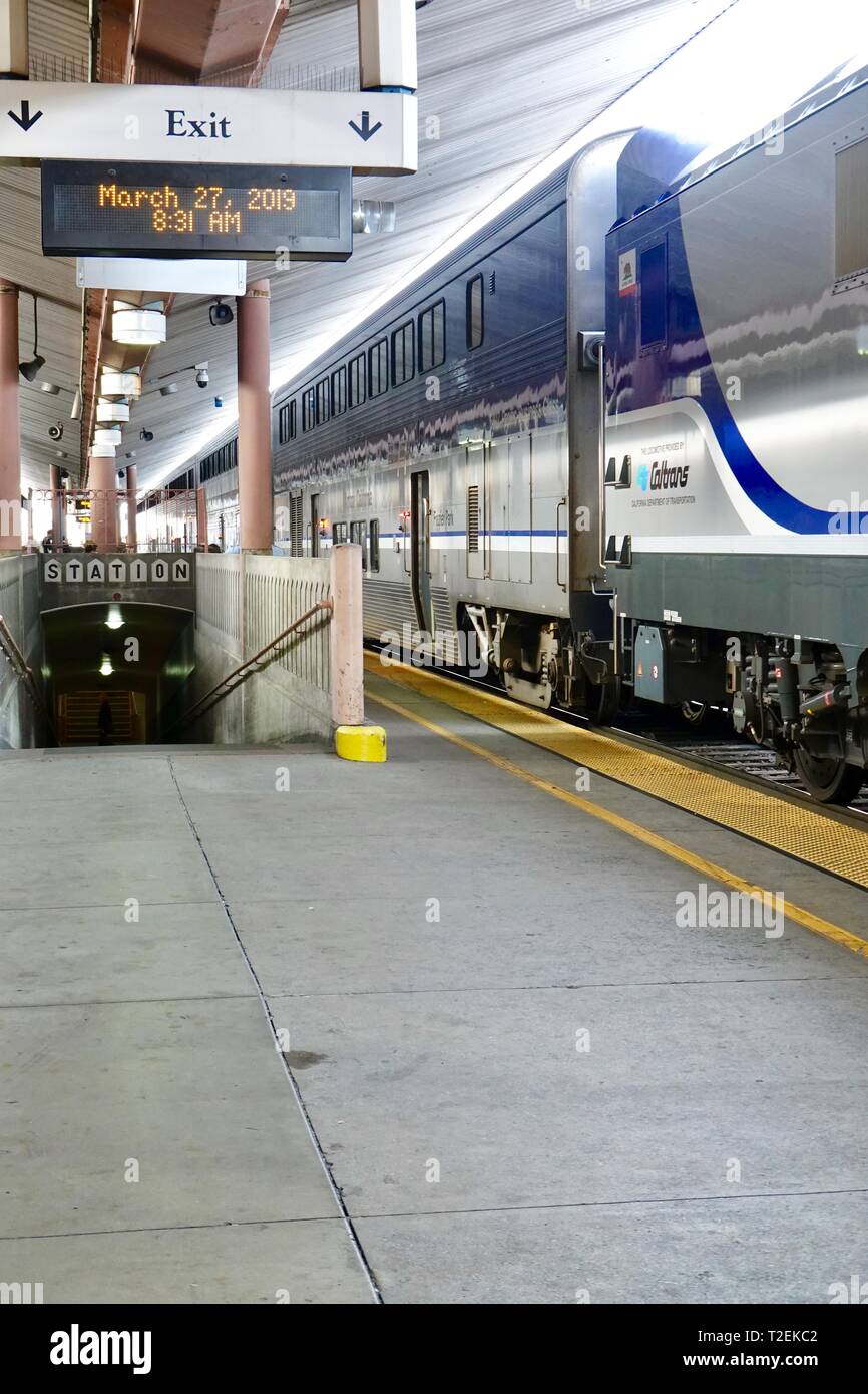 Amtrak trains, Southwest Chief and Pacific Surfliner, side by side at at platform, Union Station, Los Angeles, California, USA Stock Photo