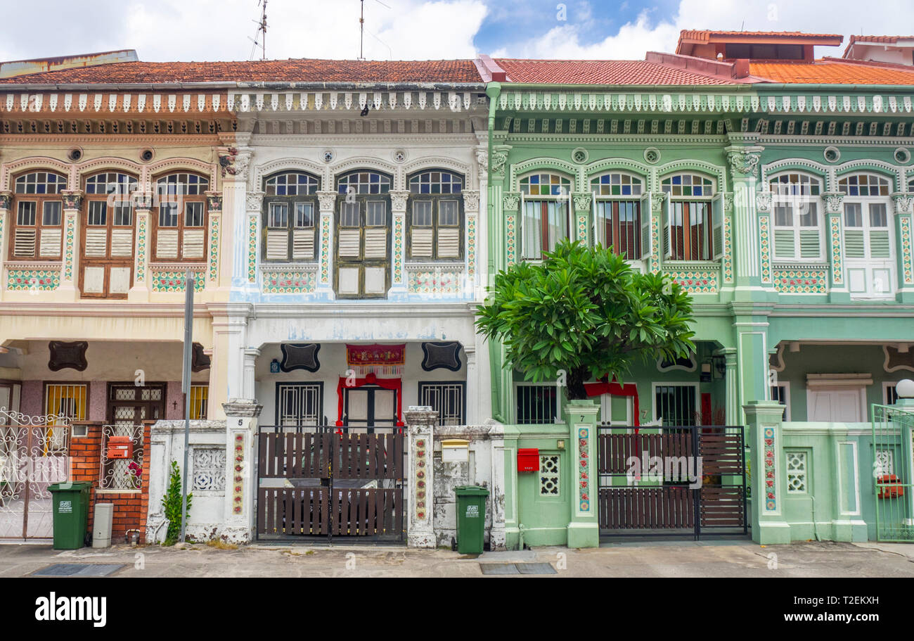 Colourful Peranakan terraced houses popular with instagrammers on Koon Seng Road, Joo Chiat,  Geylang, Singapore. Stock Photo