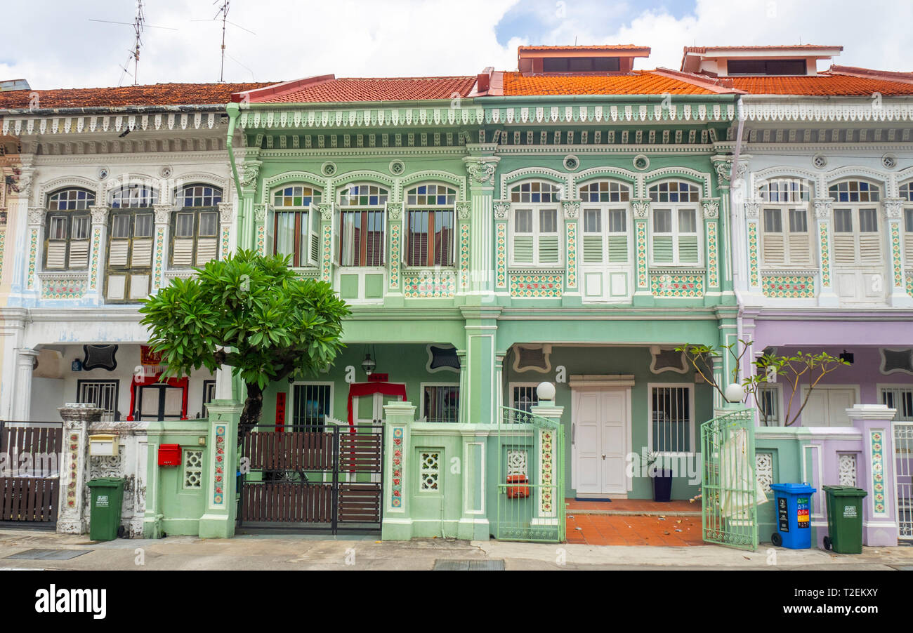 Colourful Peranakan terraced houses popular with instagrammers on Koon Seng Road, Joo Chiat,  Geylang, Singapore. Stock Photo
