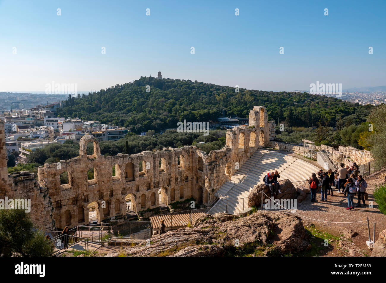 Europe Greece Athens Acropolis looking down on Odeon of Herodes Atticus amphitheater Stock Photo