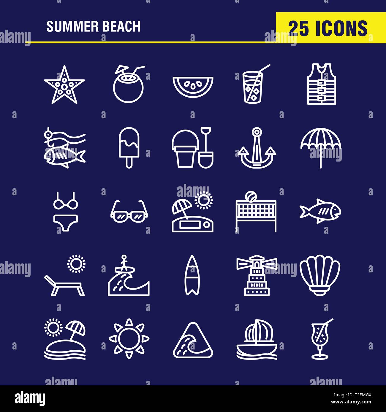 Beach Line Icon Pack For Designers And Developers. Icons Of Fish, Sea ...