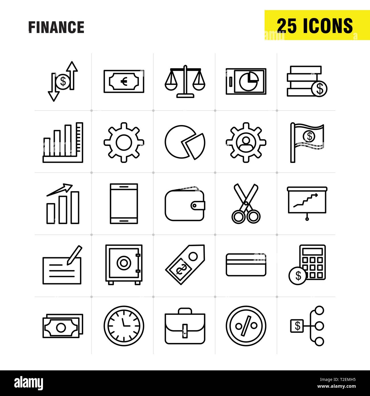 Finance Line Icons Set For Infographics, Mobile UX/UI Kit And Print Design. Include: Pie Chart, Graph, Business, Presentation, Bell, Ringing, Ring, Co Stock Vector
