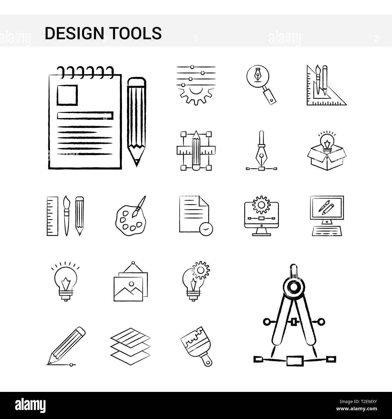 Design Tools hand drawn Icon set style, isolated on white background