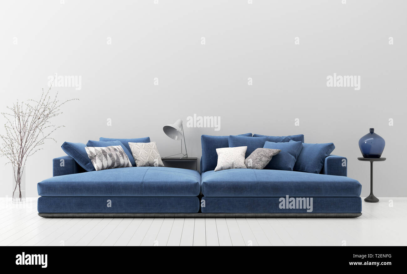 Modern living room interior with blue sofa, wall mock up, 3d render Stock Photo