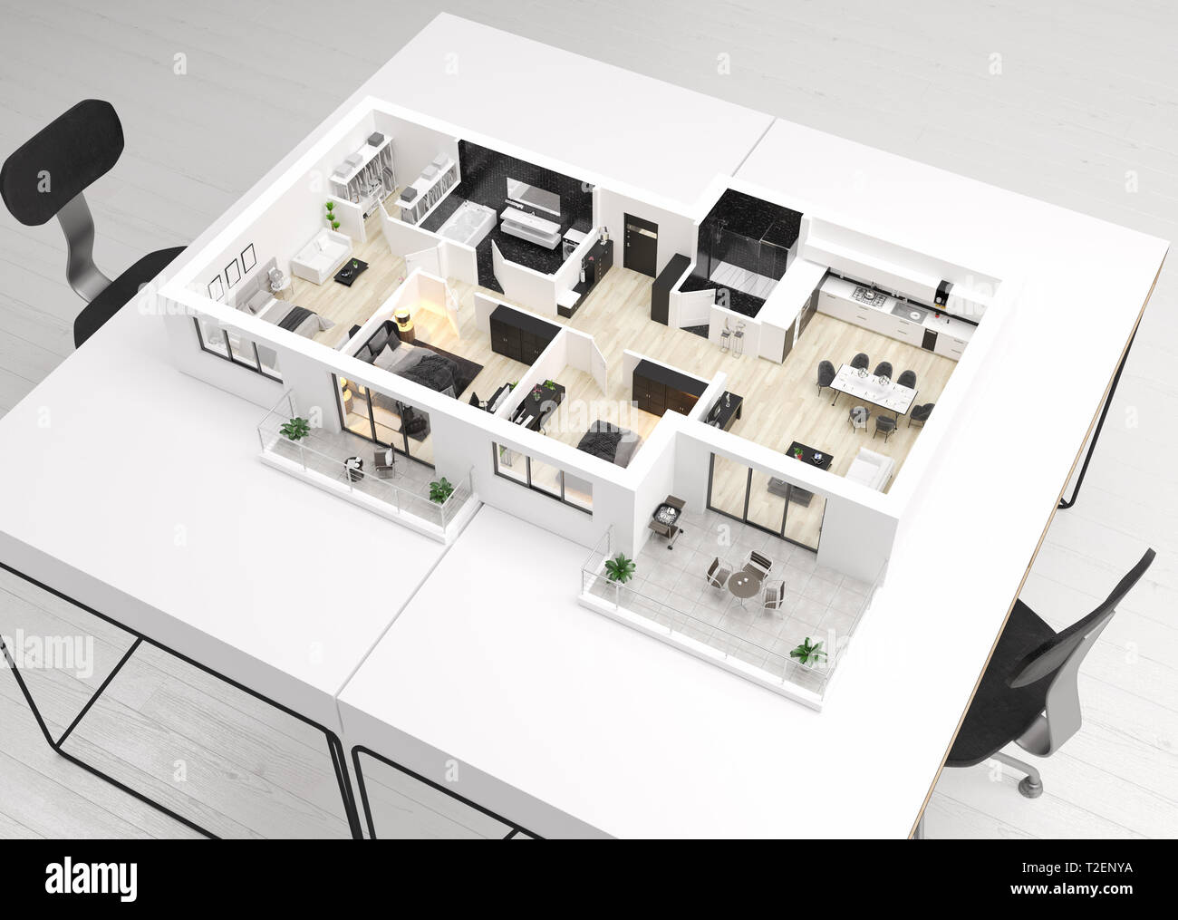 Home floor plan, apartment interior layout on table. 3D render Stock Photo
