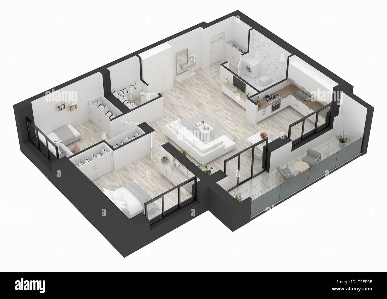Floor plan of a home top view 3D illustration. Open concept living apartment layout Stock Photo