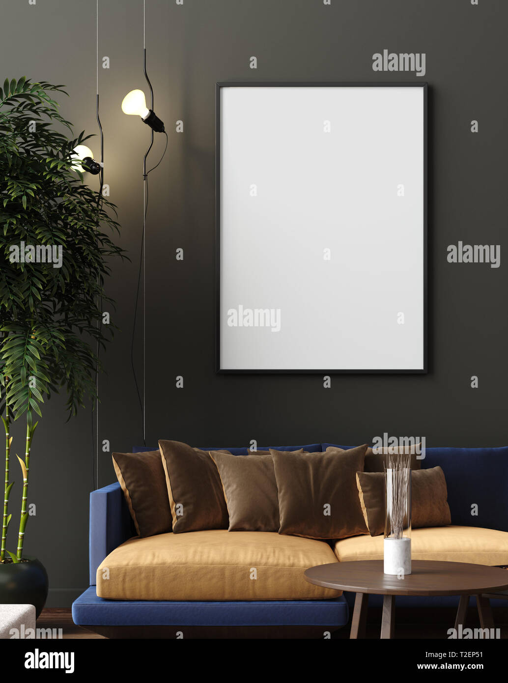 Mock up poster in luxury modern living room interior, dark green brown
