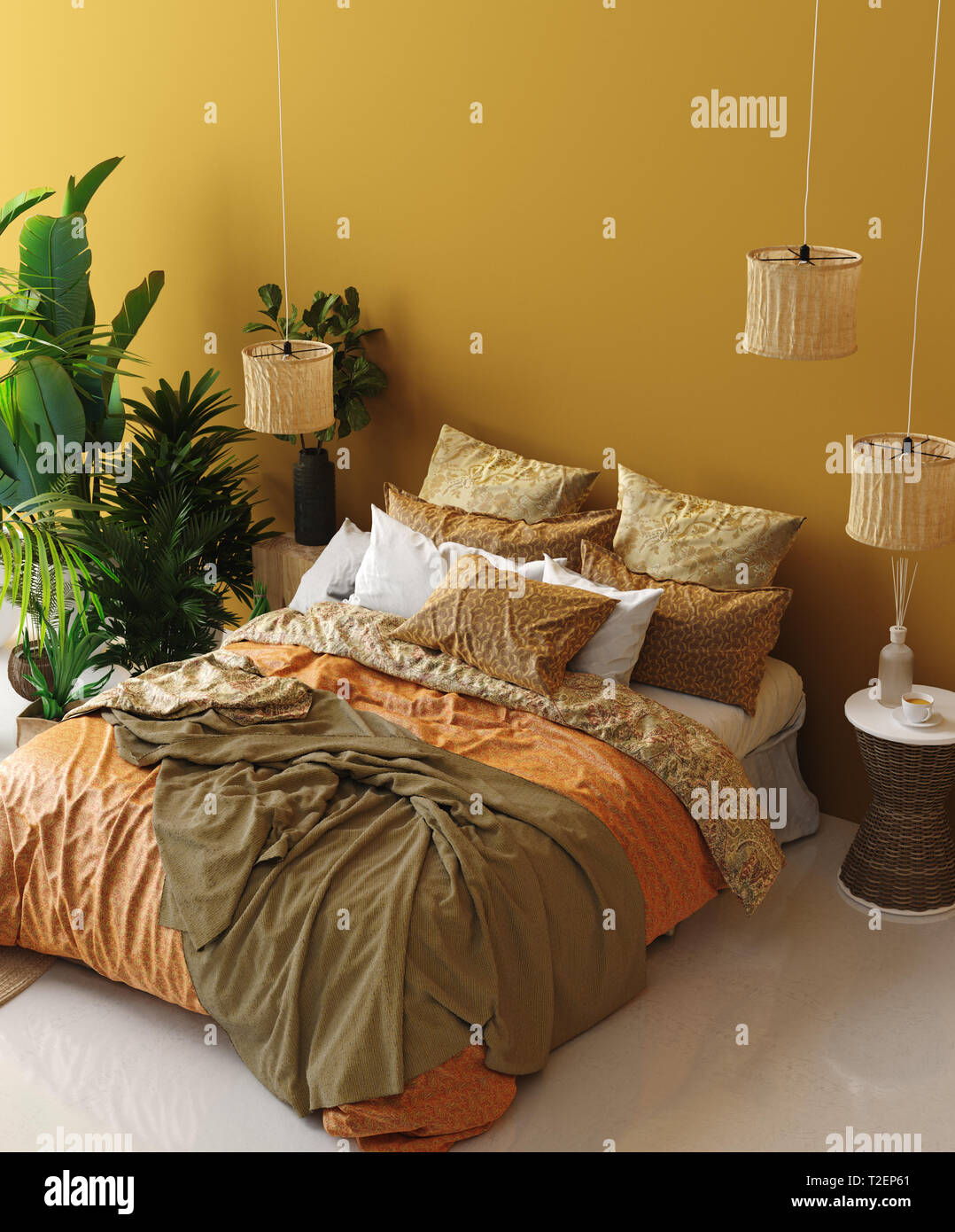 Bedroom interior in Bohemian style with patterned bed and floral corner ...
