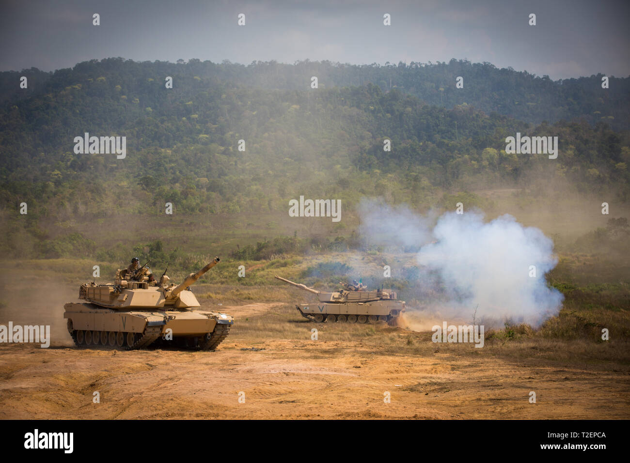 U.S. Marine M1A1 Abrams tanks relocate their position during joint live ...