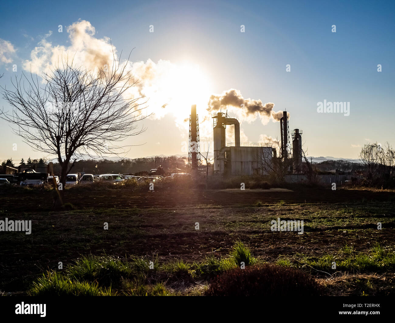 An industrial complex and smoke stacks are silhouetted by the late