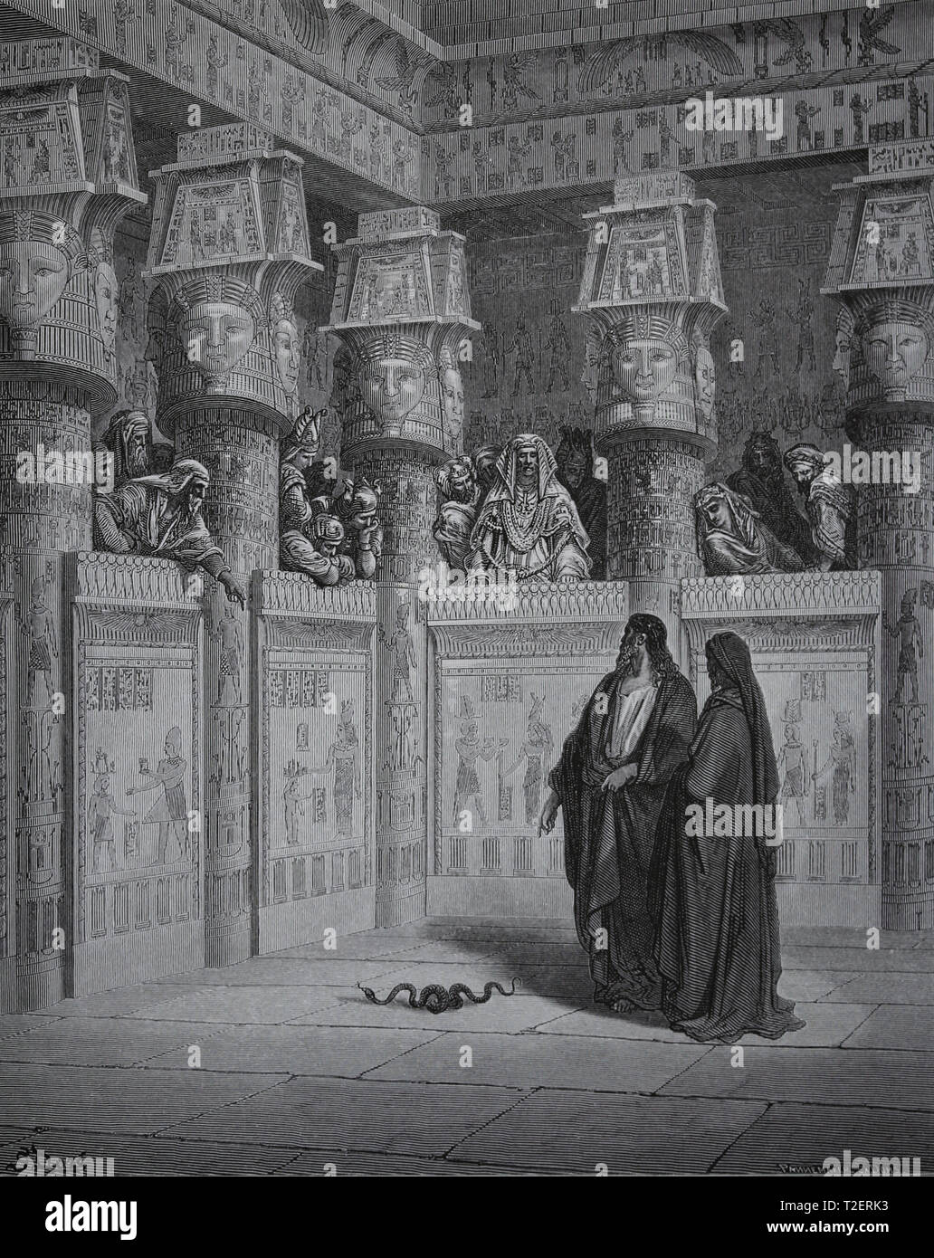 The Bible. Exodus. Moses and Aaron Appear before Pharaoh. Engraving by Dore, 1866. Stock Photo
