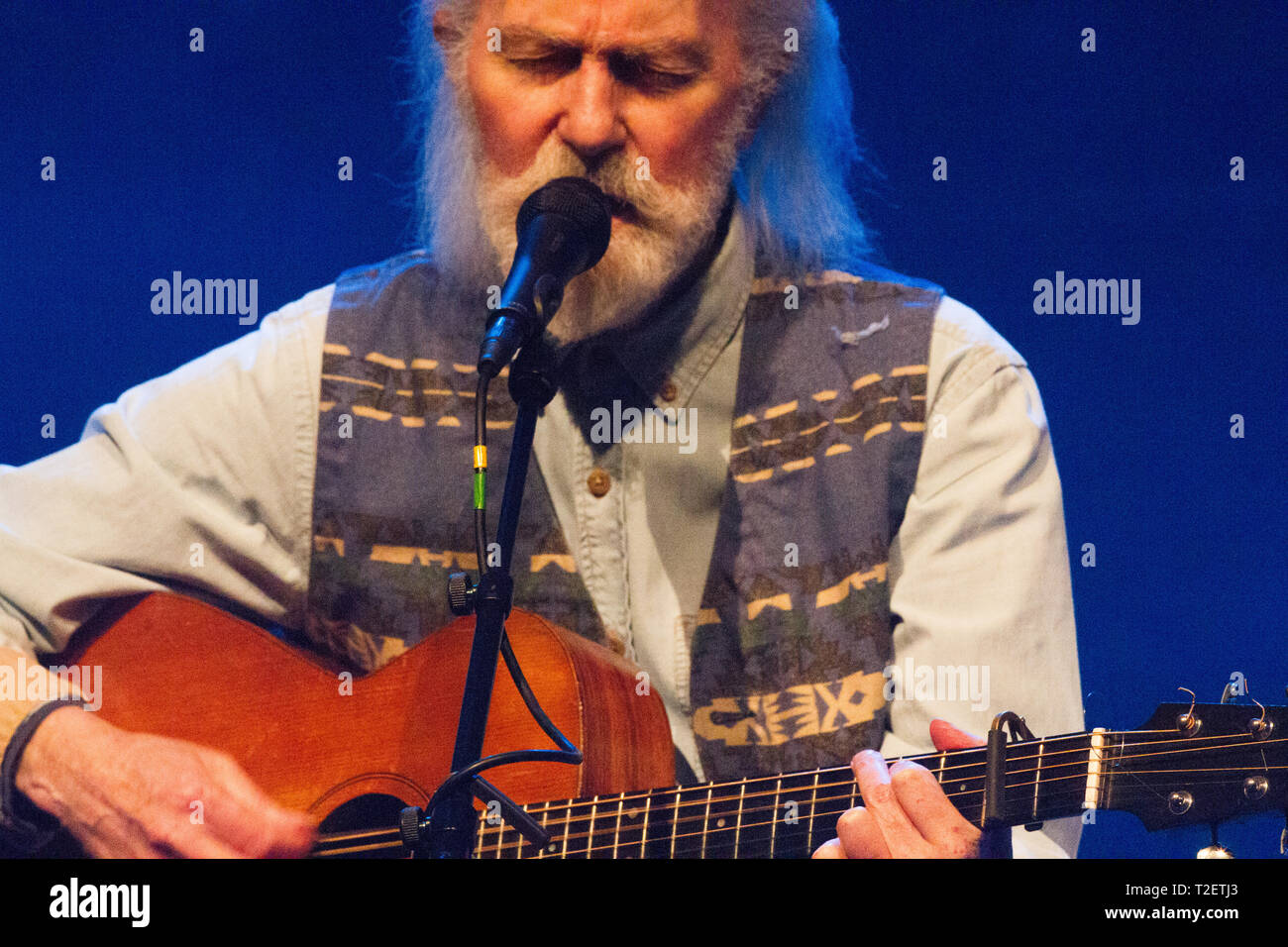 Roy Harper live on stage of the Liverpool Philarmonic 18th March 2019 as part of his fare well tour ,one of the most original singer songwriters to co Stock Photo