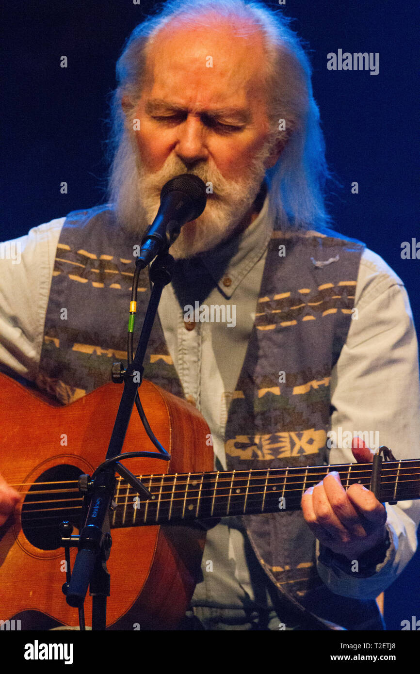 Roy Harper live on stage of the Liverpool Philarmonic 18th March 2019 as part of his fare well tour ,one of the most original singer songwriters to co Stock Photo