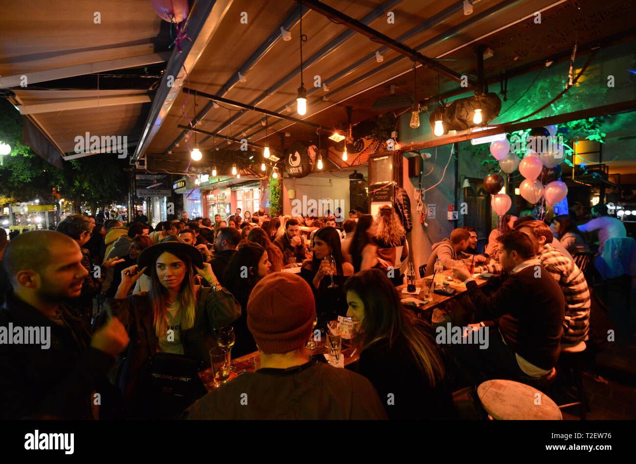 Vibrant bars on Dizengoff street in Tel-Aviv. Stock Photo