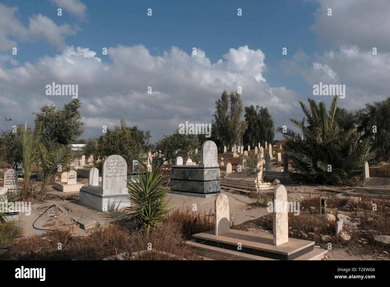 Graves at a Muslim cemetery in the outskirts of Rahat a predominantly Bedouin city in the Negev desert Southern District of Israel. Rahat is the largest Bedouin city in the world, and the only one in Israel to have city status. Stock Photo