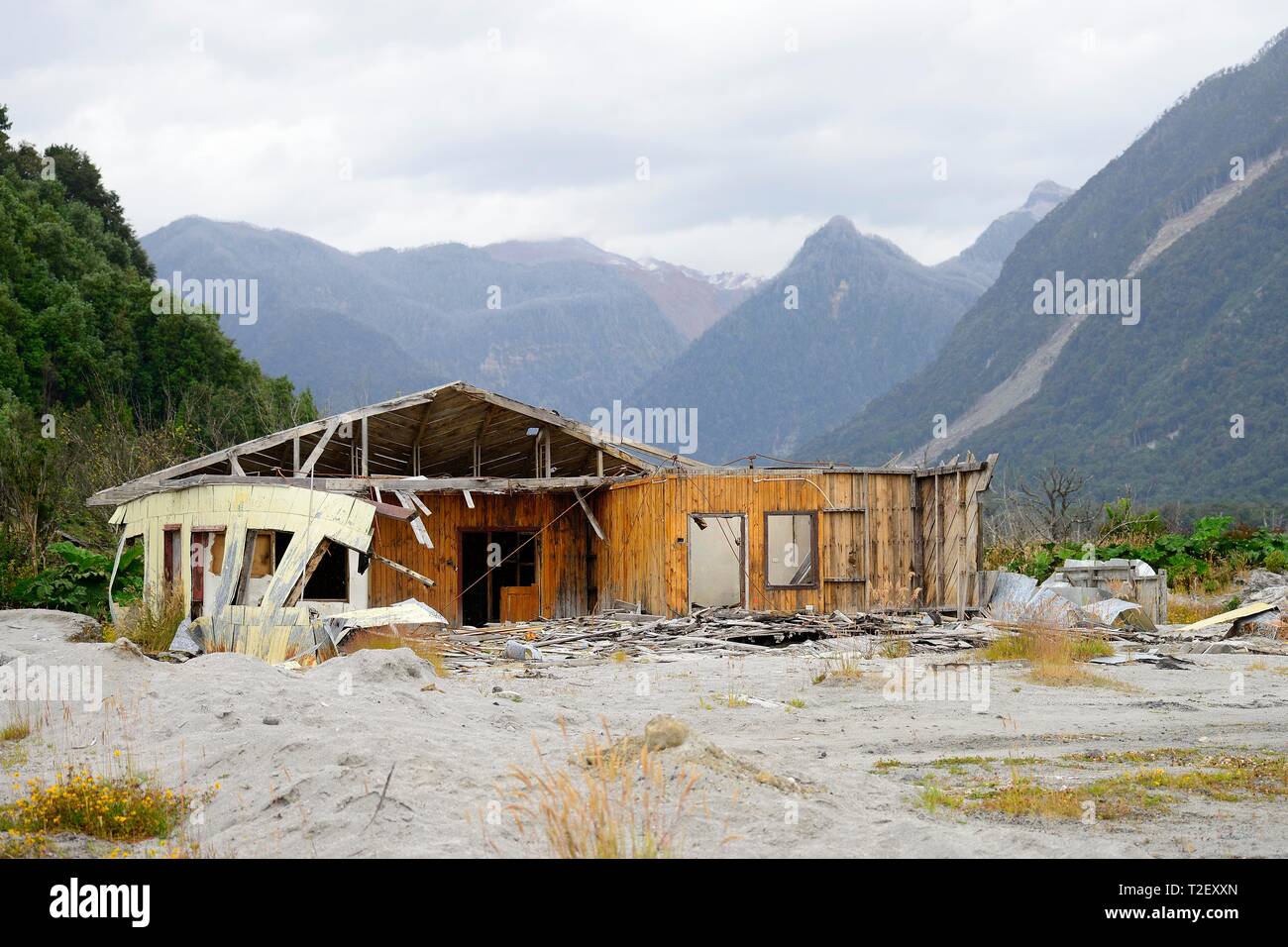 Destroyed house during volcanic eruption of Chaiten volcano in 2008, Chaiten, Region de los Lagos, Patagonia, Chile Stock Photo