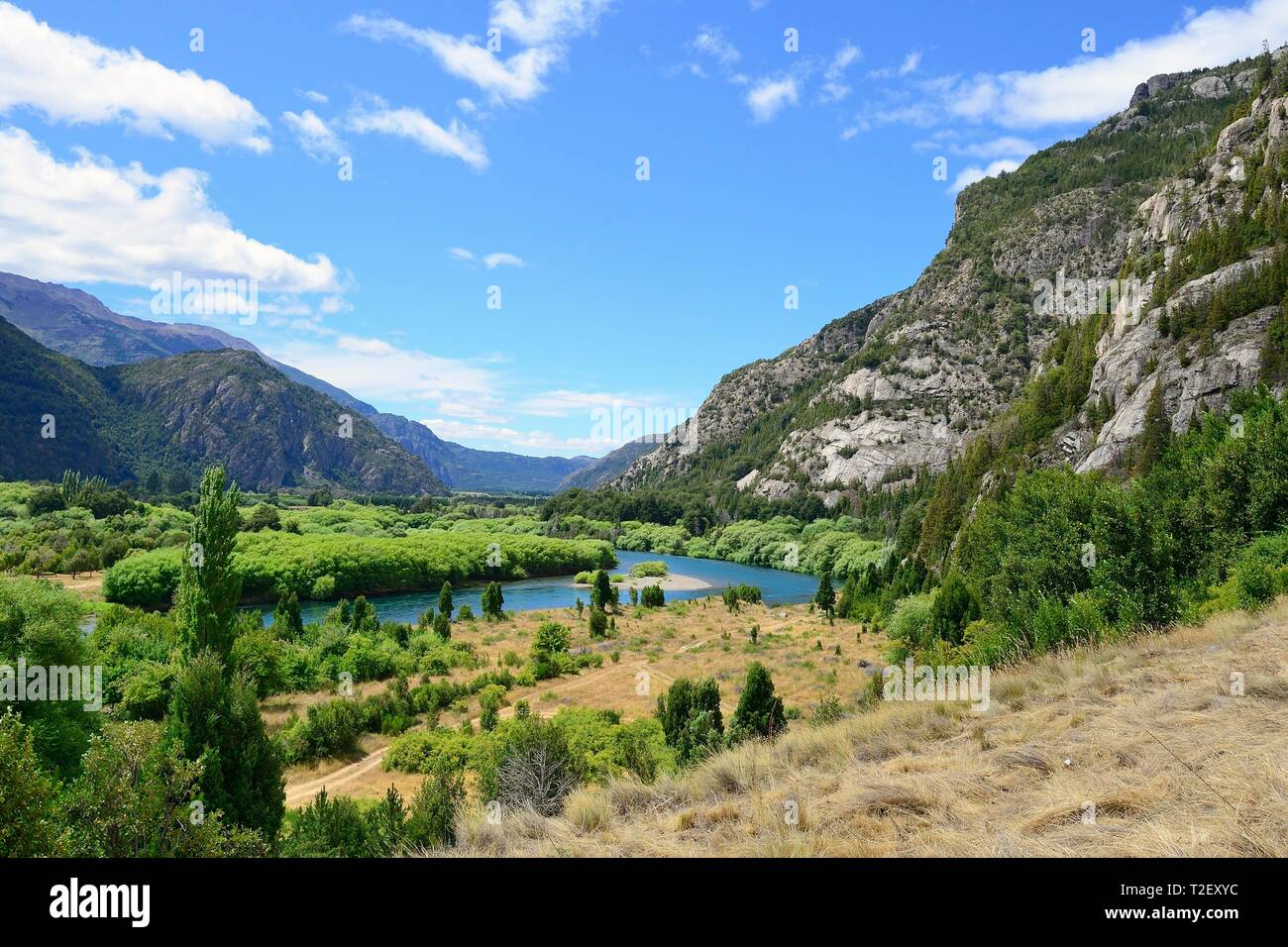 Mountainous landscape, Rio Futaleufu river valley, region de los Lagos ...
