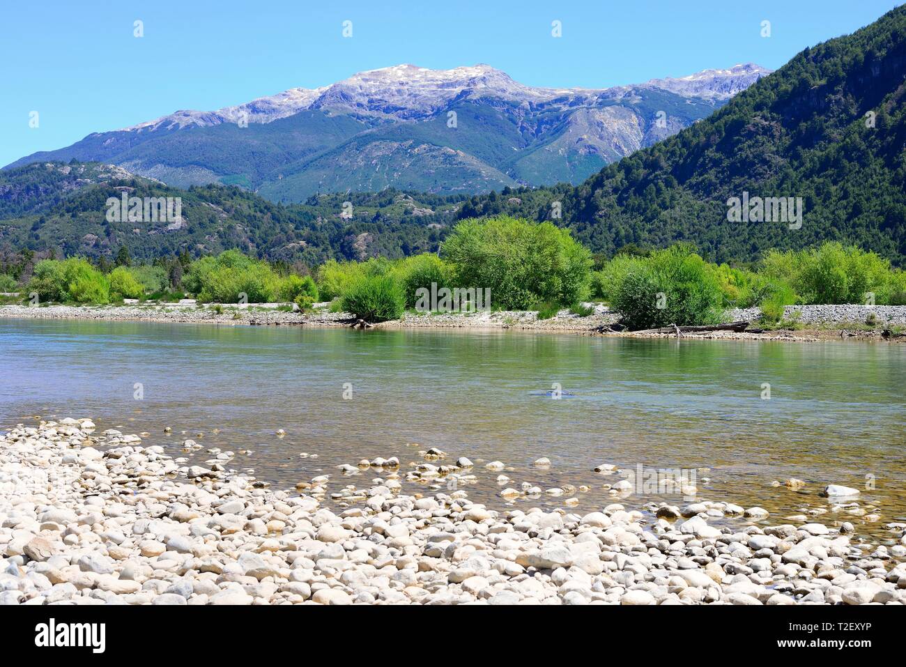 Landscape with mountains at Rio Futaleufu, region de los Lagos, Patagonia, Chile Stock Photo