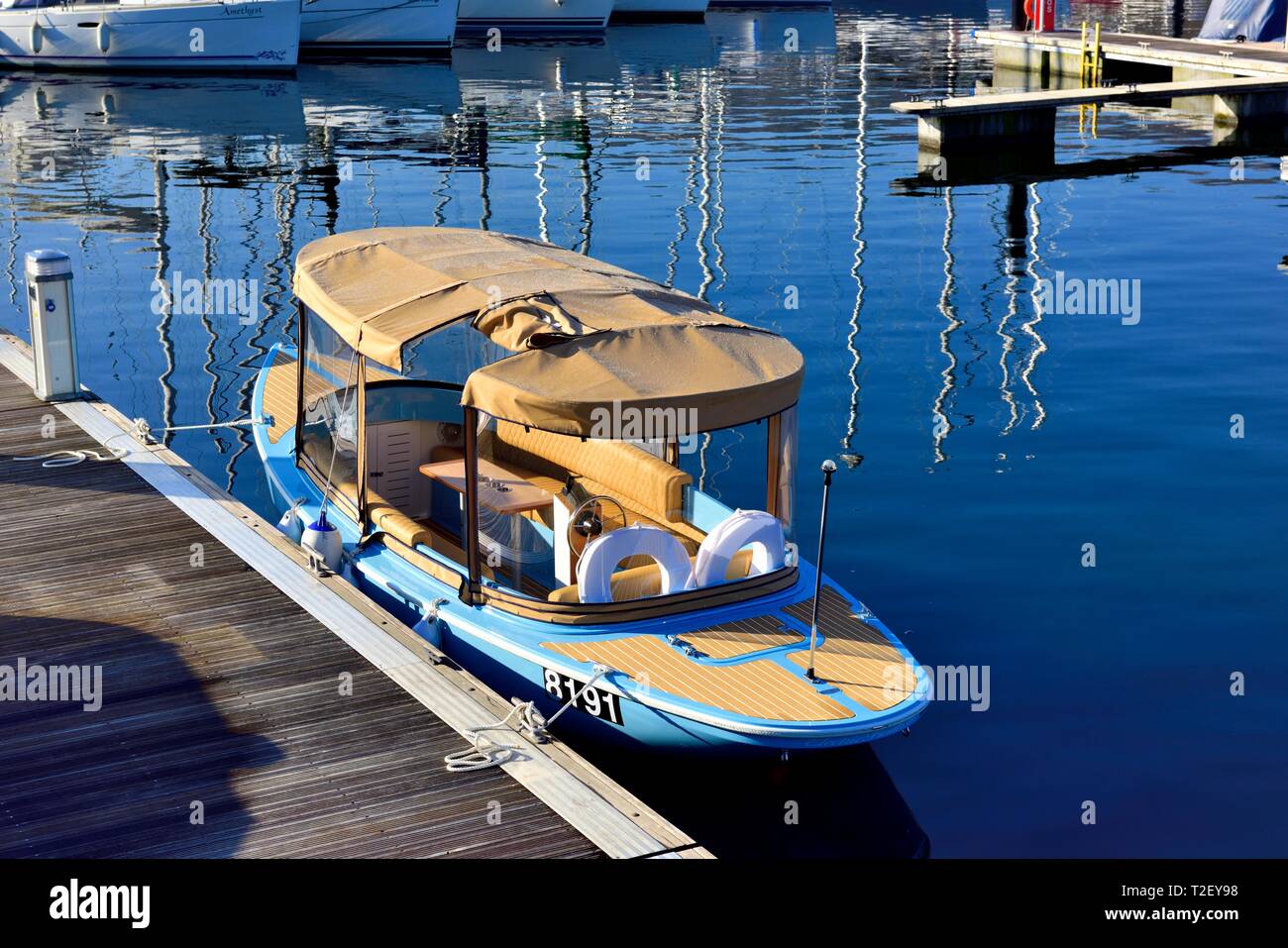 Canadian Electric Boat Company, Electric Boats Canada,Electric boat for hire,Bowness on Windermere,Lake District,Cumbria,England,UK Stock Photo